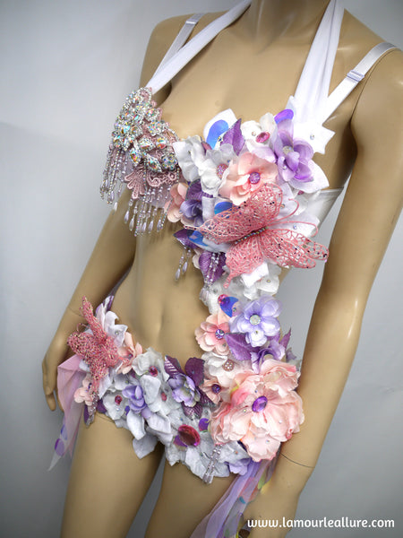 Iridescent Unicorn Pink and Purple Flower Fairy Monokini Costume Dance Rave Halloween