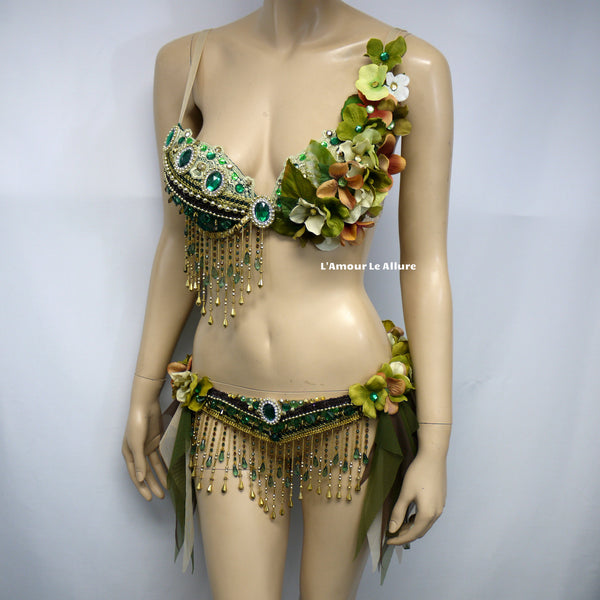 Woodland Green Gypsy Forest Fairy Cosplay Dance Costume Rave Bra Halloween