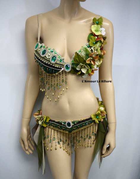 Woodland Green Gypsy Forest Fairy Cosplay Dance Costume Rave Bra Halloween