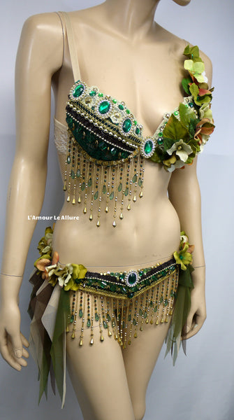 Woodland Green Gypsy Forest Fairy Cosplay Dance Costume Rave Bra Halloween