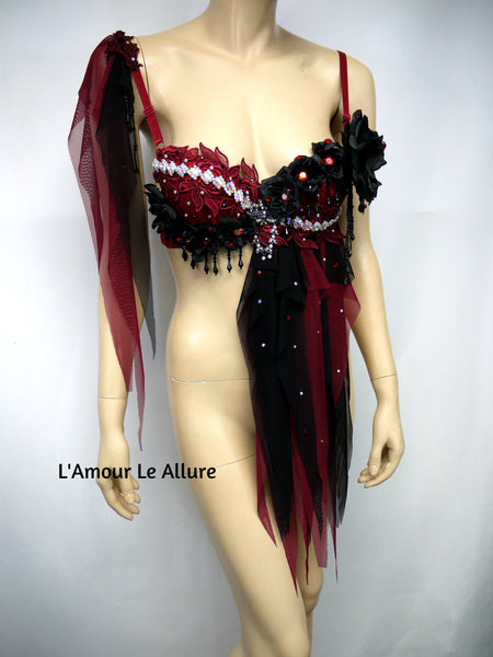 Burgundy Red and Black Goth Fairy Bra Top