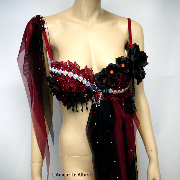 Burgundy Red and Black Goth Fairy Bra Top