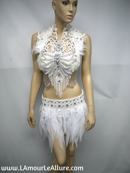 White Lace Rhinestone Feather Angel Bra and Skirt Costume