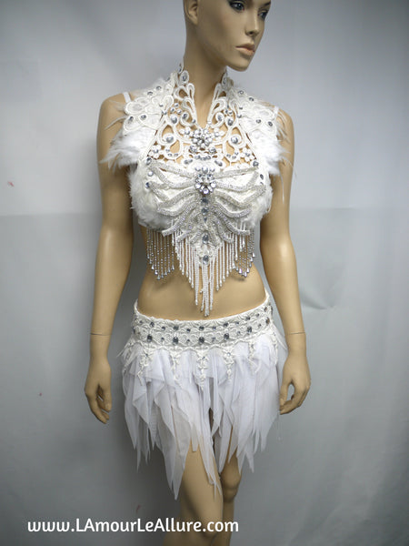 White Lace Rhinestone Feather Angel Bra and Skirt Costume