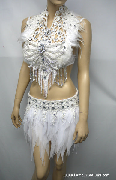 White Lace Rhinestone Feather Angel Bra and Skirt Costume