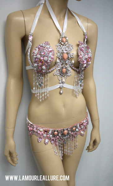 Ready to Ship 32/34 B/C - Pale Pink Rhinestone Samba Carnival theme Bikini Dance Fitness Comp Rave