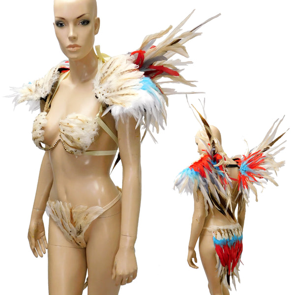 Beige Phoenix Bird Samba Bra and Bottom With Matching Wings and Shoulder Pads Dance Cage Rave Bra