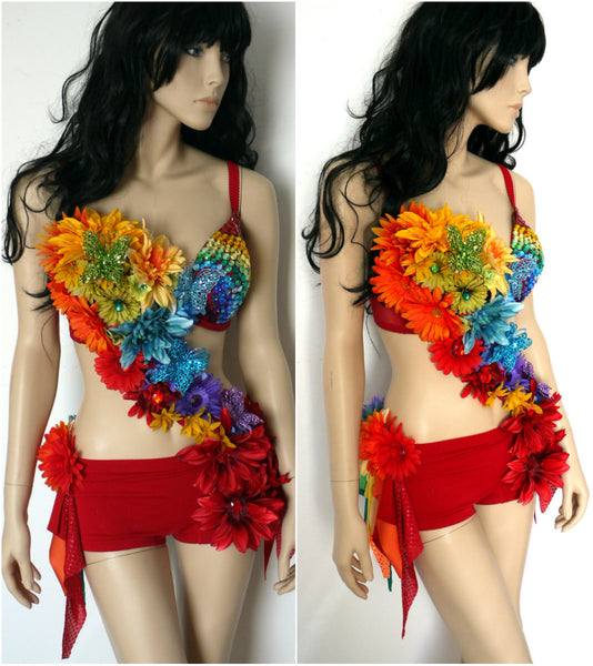 Rainbow Fairy Flower Bra and Shorts Monokini Dance Rave Halloween Costume