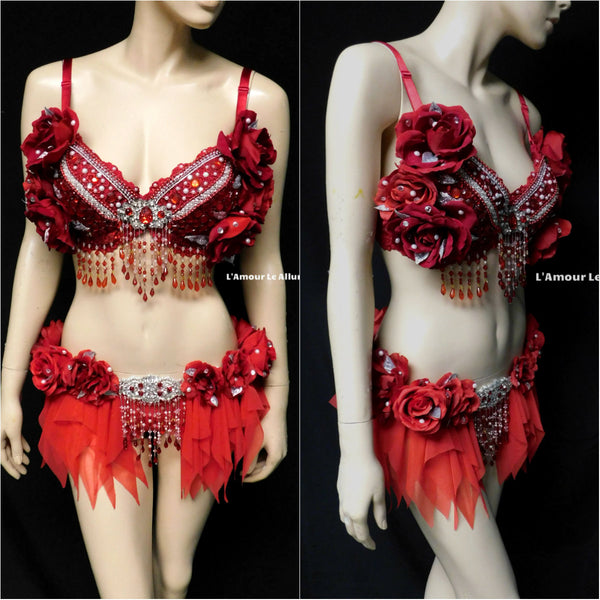 Red Rose Glitter Fairy Rave Bra and Skirt Shorts Halloween Dance Costume