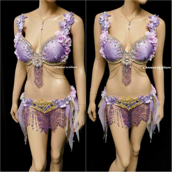 Lavender Purple Gypsy Forest Fairy Dance Rave Bra and Skirt Halloween Costume