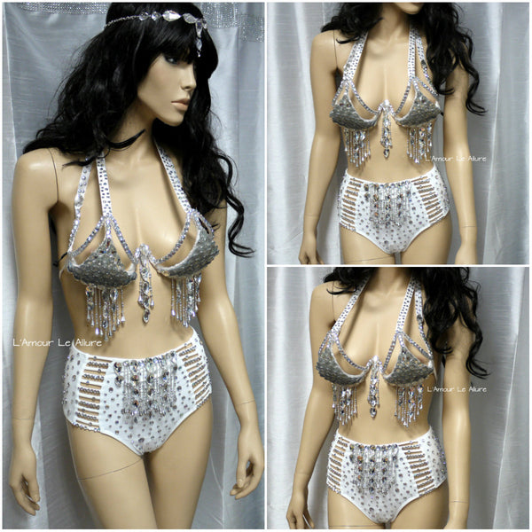 White and Silver LED Diamond Samba Carnival Top and High Waisted Bottom