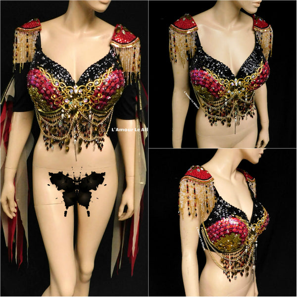 Royal Gold Black and Red Sequin Scale Mermaid Top Dance Costume Halloween