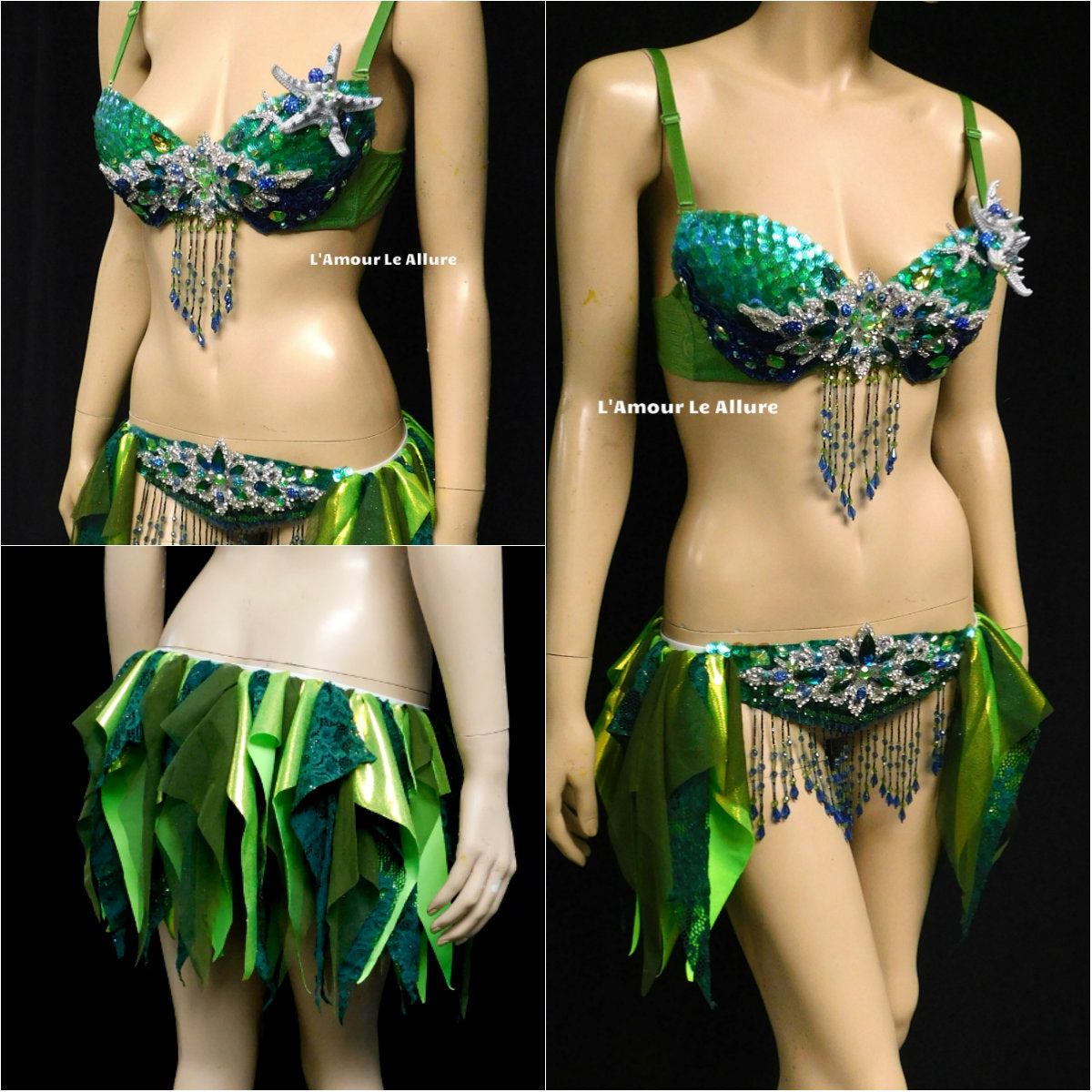 Green Blue and Silver Sequin Scale Mermaid Bra and Skirt