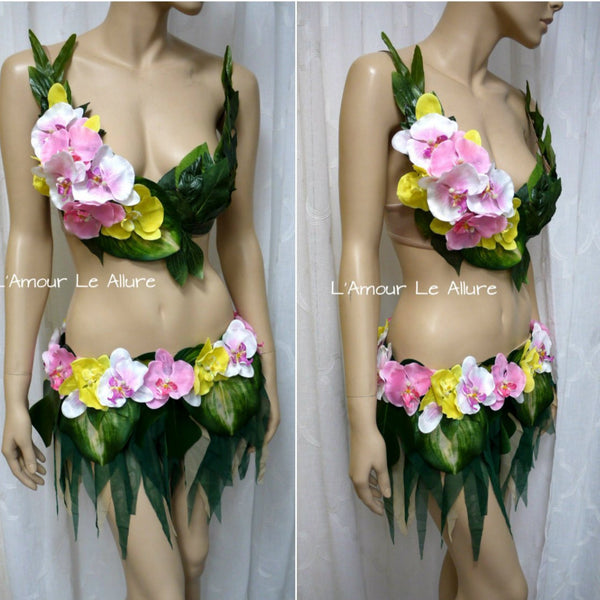 Hula Island Girl Orchid Flower Bra and Leaf Skirt