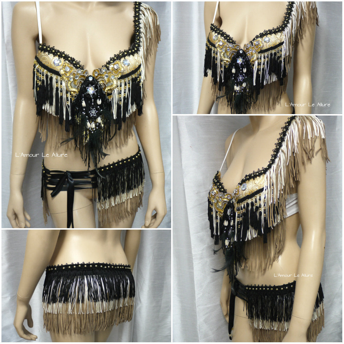 Black Gold and Cream Native Fringe Bra and Skirt