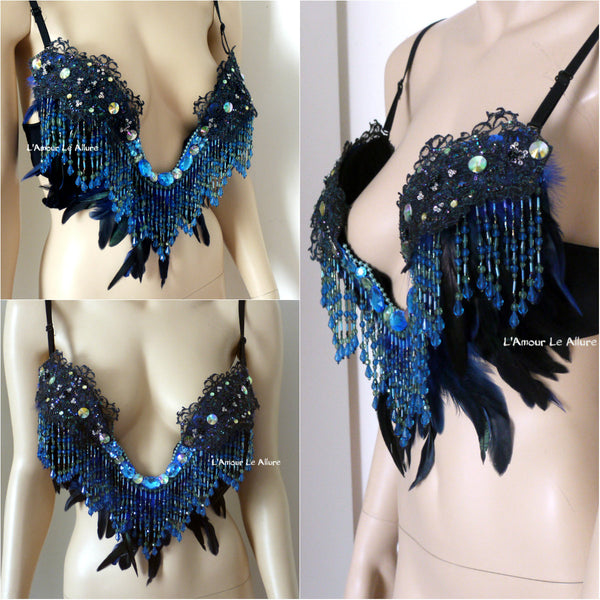 Ready to Ship 36B/C - Blue Beaded Peacock Feather Fringe Plunge Bra