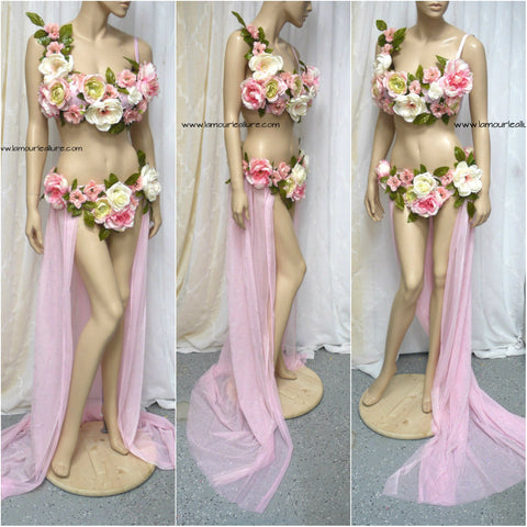 Two Piece Petal Pink Rose Fairy Gown with Train Costume