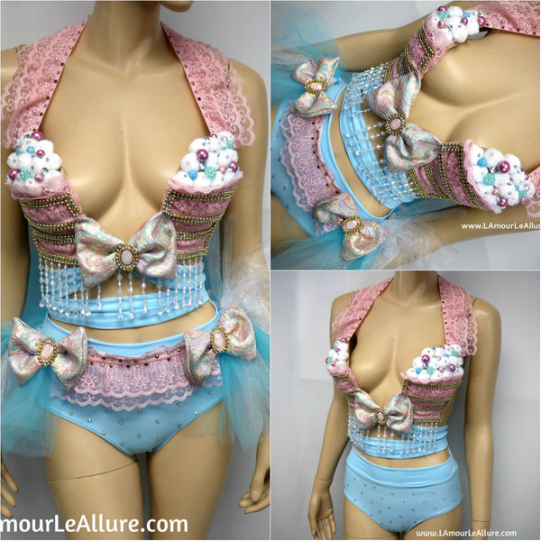 Pastel Cotton Candy Unicorn Princess Cupcake Birthday Plunge Rave Bra with Tutu Bustle