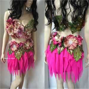 Spring Fairy Floral Bra with High Waisted Skirt - Hot Pink