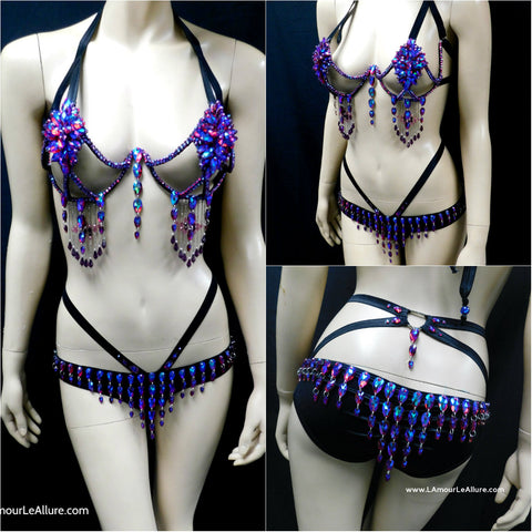 Dark Pink Blue Cotton Candy Rihanna Diamond Carnival Samba Rhinestone Top and Bottom