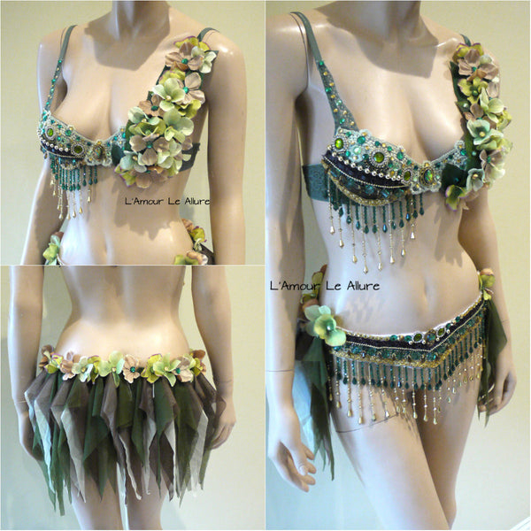 Woodland Green Gypsy Forest Fairy Cosplay Dance Costume Rave Bra Halloween