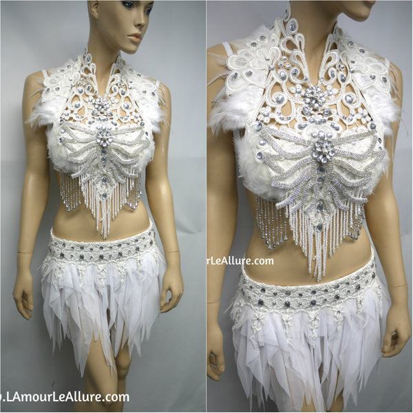 White Lace Rhinestone Feather Angel Bra and Skirt Costume