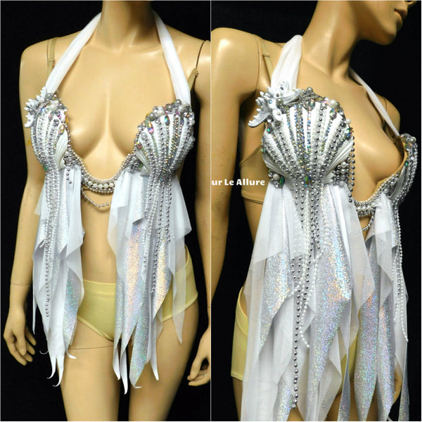 White Diamond Plunge Mermaid Shell Dance Costume Rave Bra Halloween