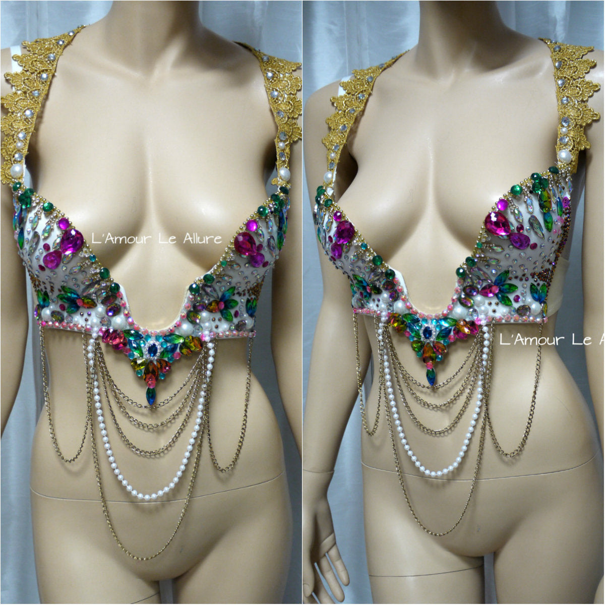 Rainbow Rhinestone Plunge Bra with Chains and Beading