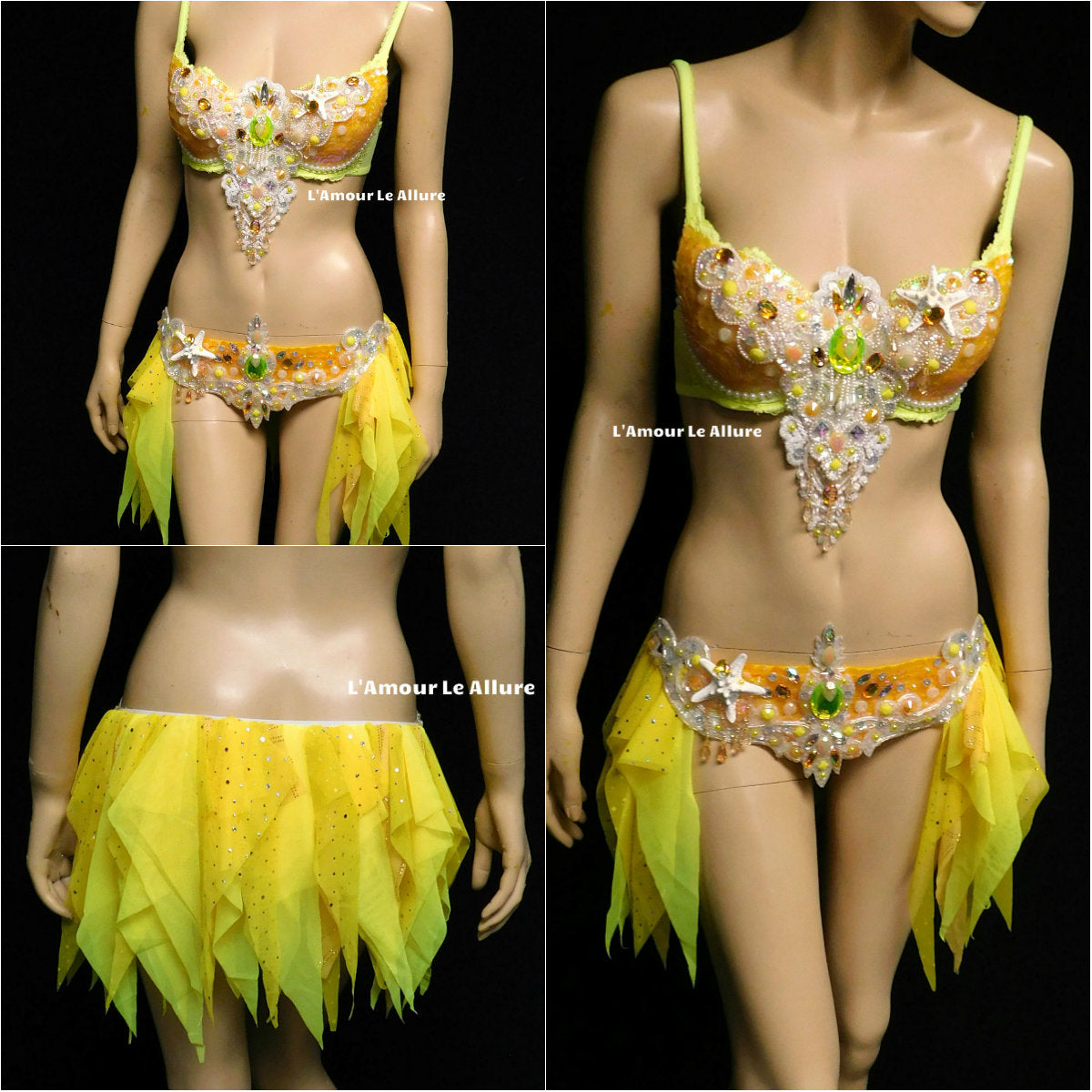 Ready to Ship 34C Yellow and Orange Sequin Scale Mermaid Bra and Skirt