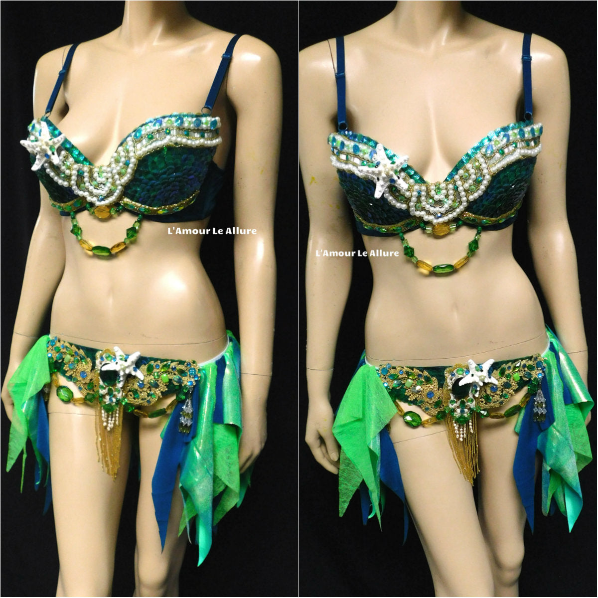 Green Blue and Gold Sequin Scale Mermaid Bra and Skirt