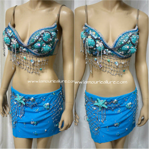 Turquoise Shell Mermaid Top with Skirt Dance Halloween Costume