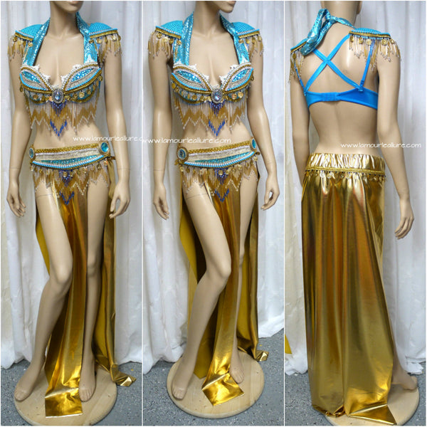 Turquoise and Gold Belly Dancer Beaded Bra and Skirt