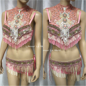 Pastel Pink and Cream Mermaid Fringe Bra and Skirt