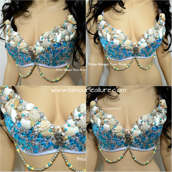 Turquoise Rhinestone Mermaid Dance Costume Rave Bra Halloween