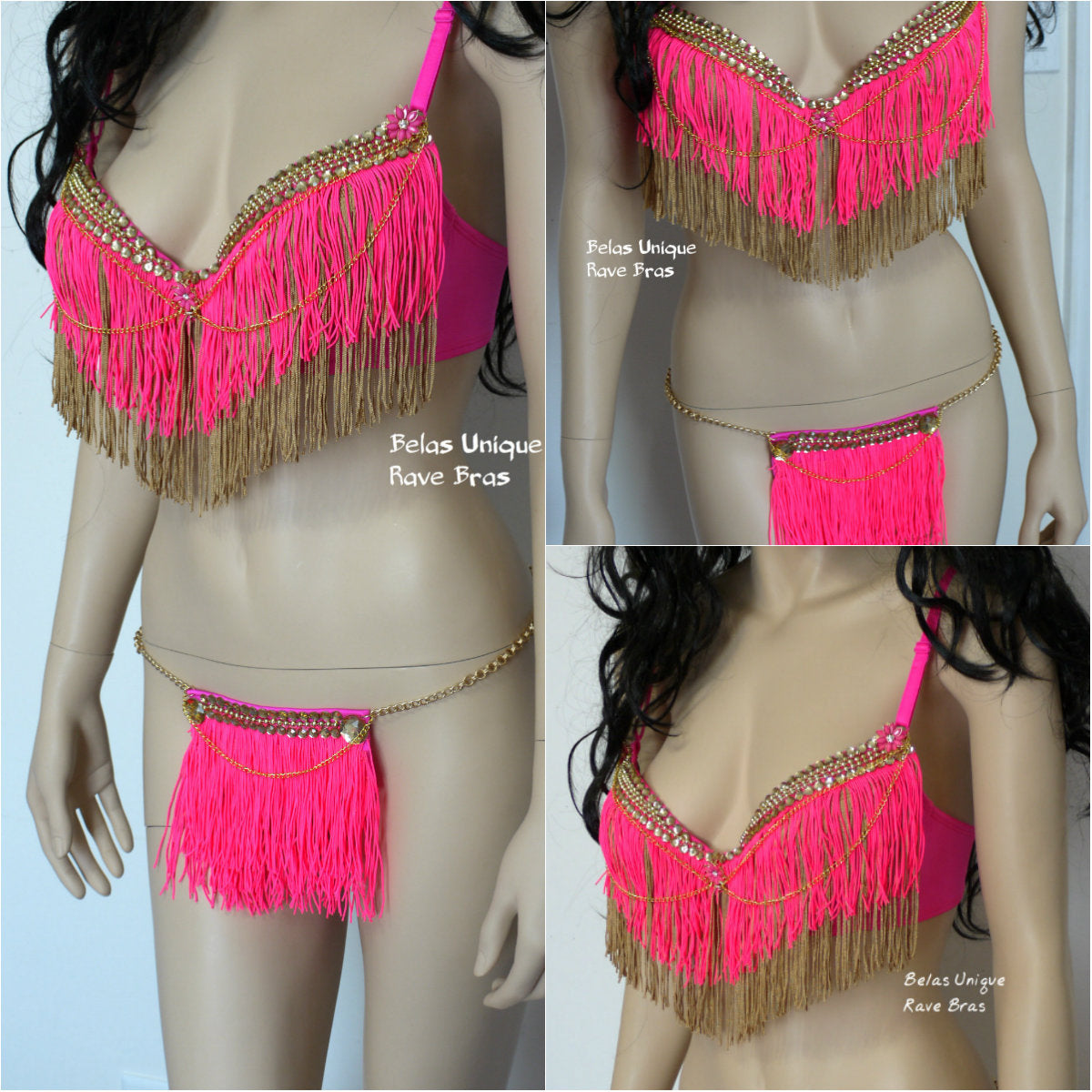 Hot Pink and Gold Fringe Chain Bra and Skirt