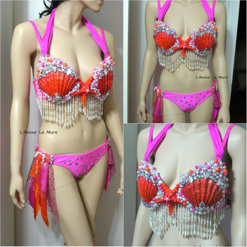 Neon Pink Orange Mermaid Shell Dance Costume Rave Bra Rave Wear Halloween Burlesque Show Girl