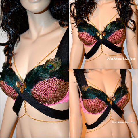 Hot Pink Peacock Feather Rhinestone Cage Bra