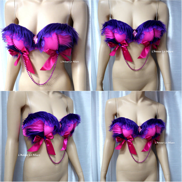 Alice In Wonderland Cheshire Cat Fur Dance Rave Bra with Bows