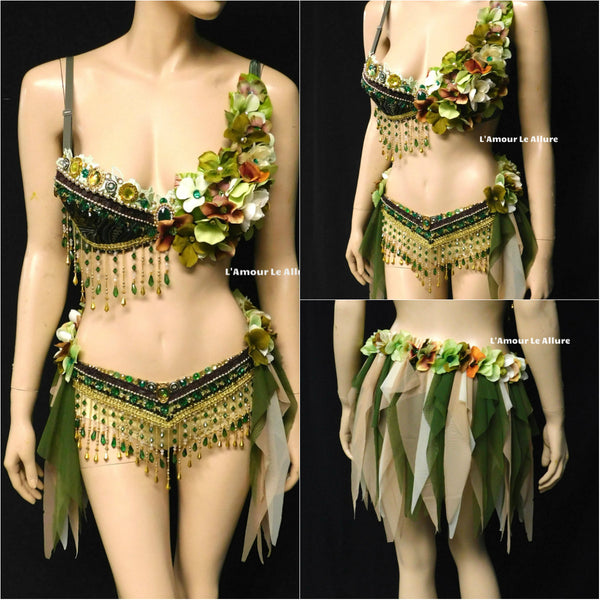 Woodland Green Gypsy Forest Fairy Cosplay Dance Costume Rave Bra Halloween