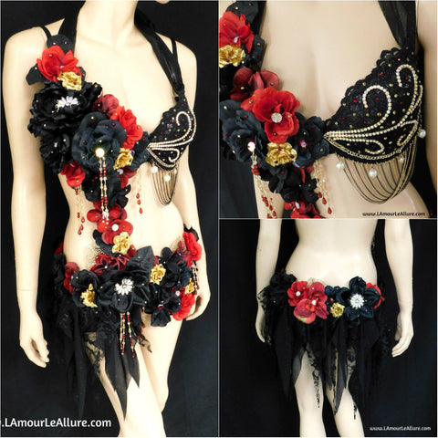 Elegant Burgundy Red Gold and Black Goth Fairy Monokini Dress