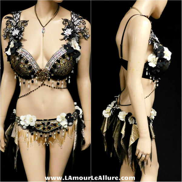 Black and Gold Gypsy Forest Fairy Dance Chain Rave Bra and Skirt Halloween Costume