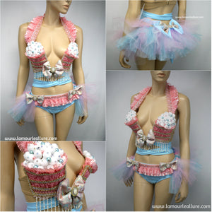 Pastel Cotton Candy Unicorn Princess Cupcake Birthday Plunge Rave Bra with Tutu Bustle