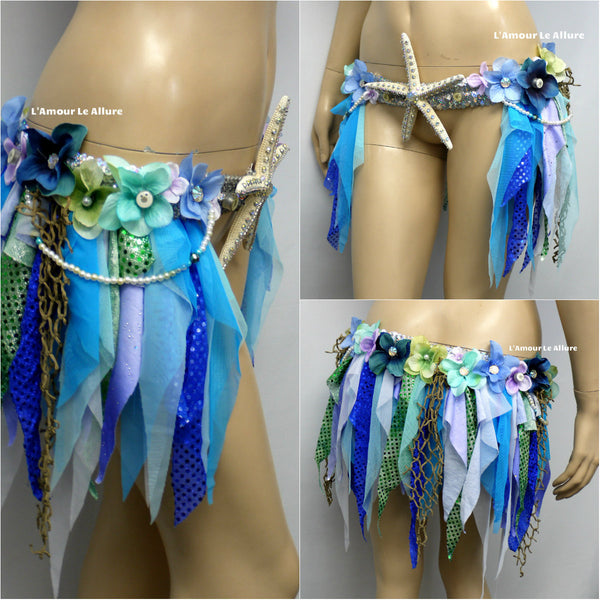 Iridescent White Sequin Scale Mermaid Plunge with Garter Belt Skirt