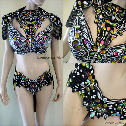 Dark Rainbow Butterfly Fairy Costume Dance Rave Bra and Skirt