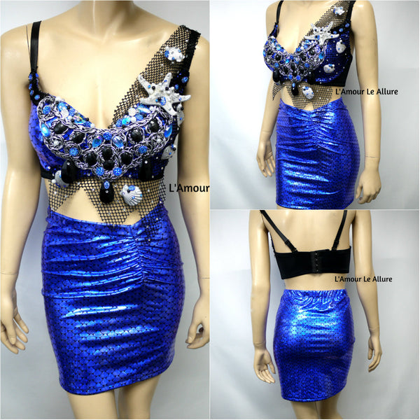 Dark Blue Scale Siren Mermaid Bra and High Waisted Spandex Skirt