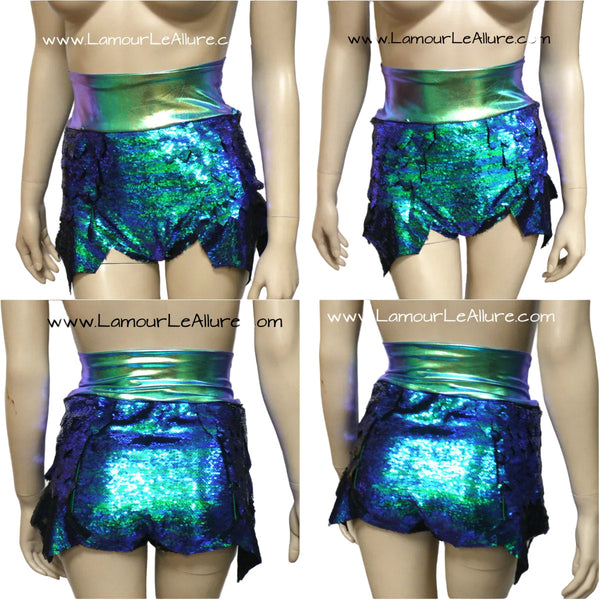 Princess Ariel Inspired Iridescent Green Dragon Scale Mermaid High Waisted Sequin Shorts with Band