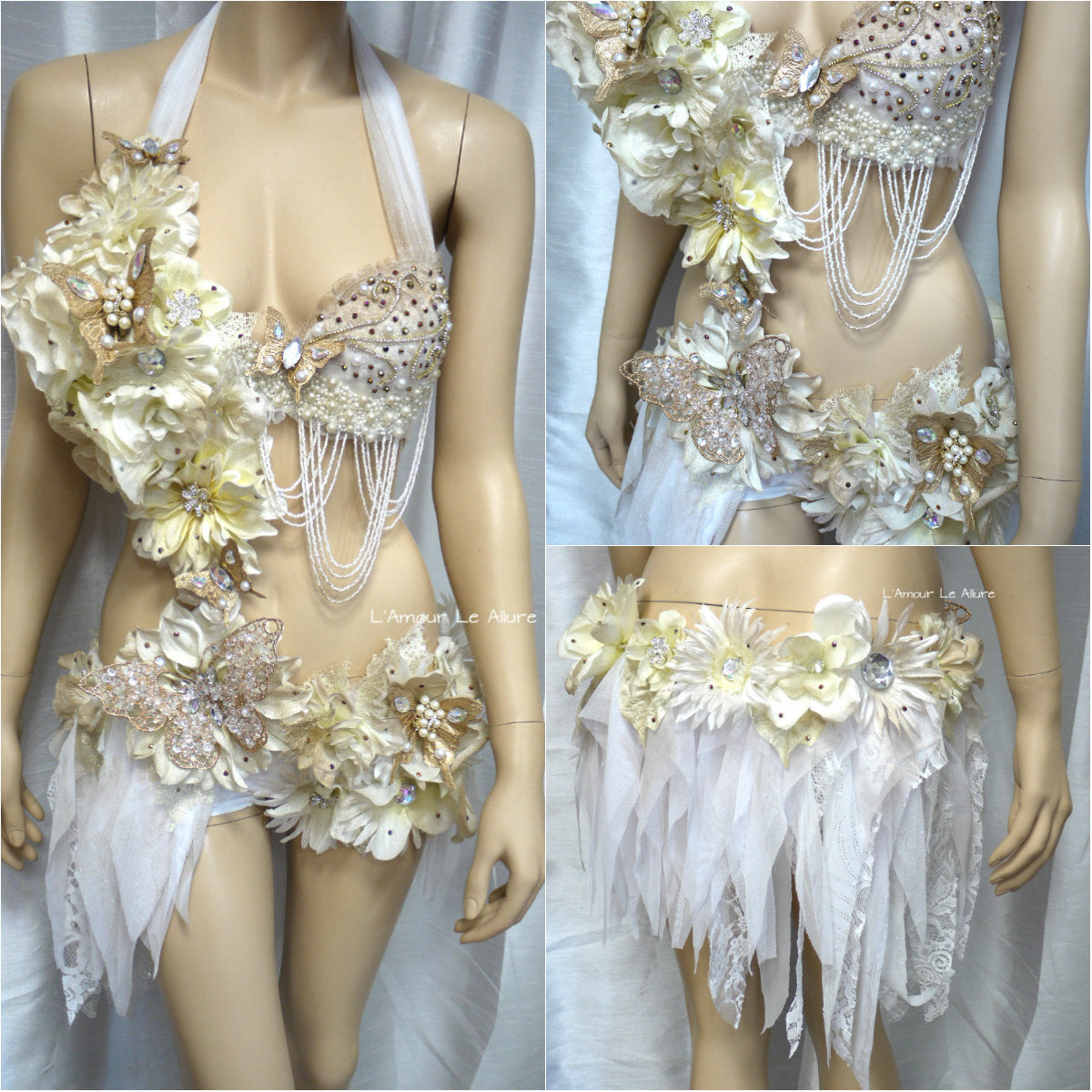 Gold and White Goddess Fairy Monokini Dance Costume Rave Bra Halloween