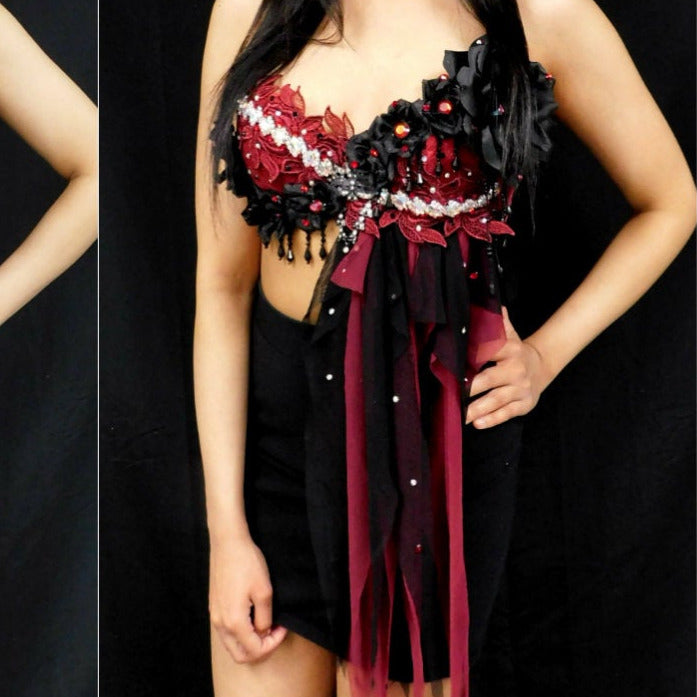 Burgundy Red and Black Goth Fairy Bra Top