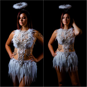 White Lace Rhinestone Feather Angel Bra and Skirt Costume