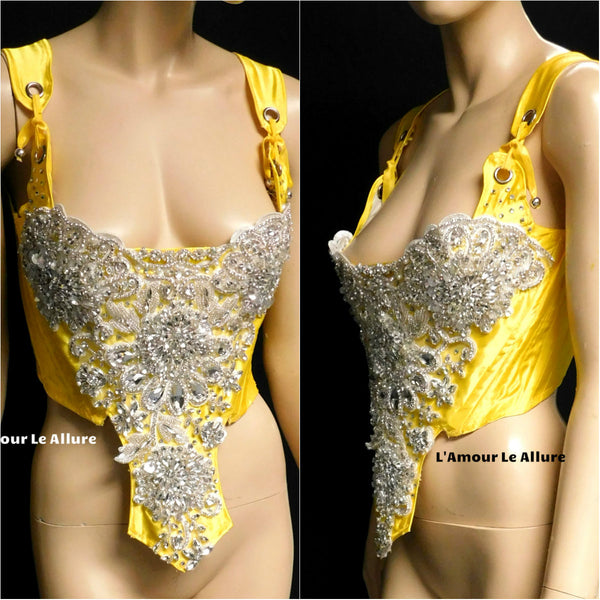 Belle Yellow Rhinestone Medieval Renaissance Ball Gown Dress Skirt with Corset and Bone skirt